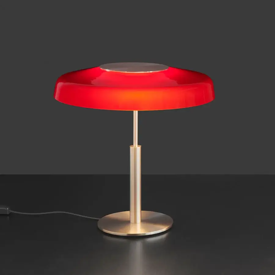 Distinguished Oluce Dora lamp embodies poised metal with a red gradient glass lampshade and glossy finish
