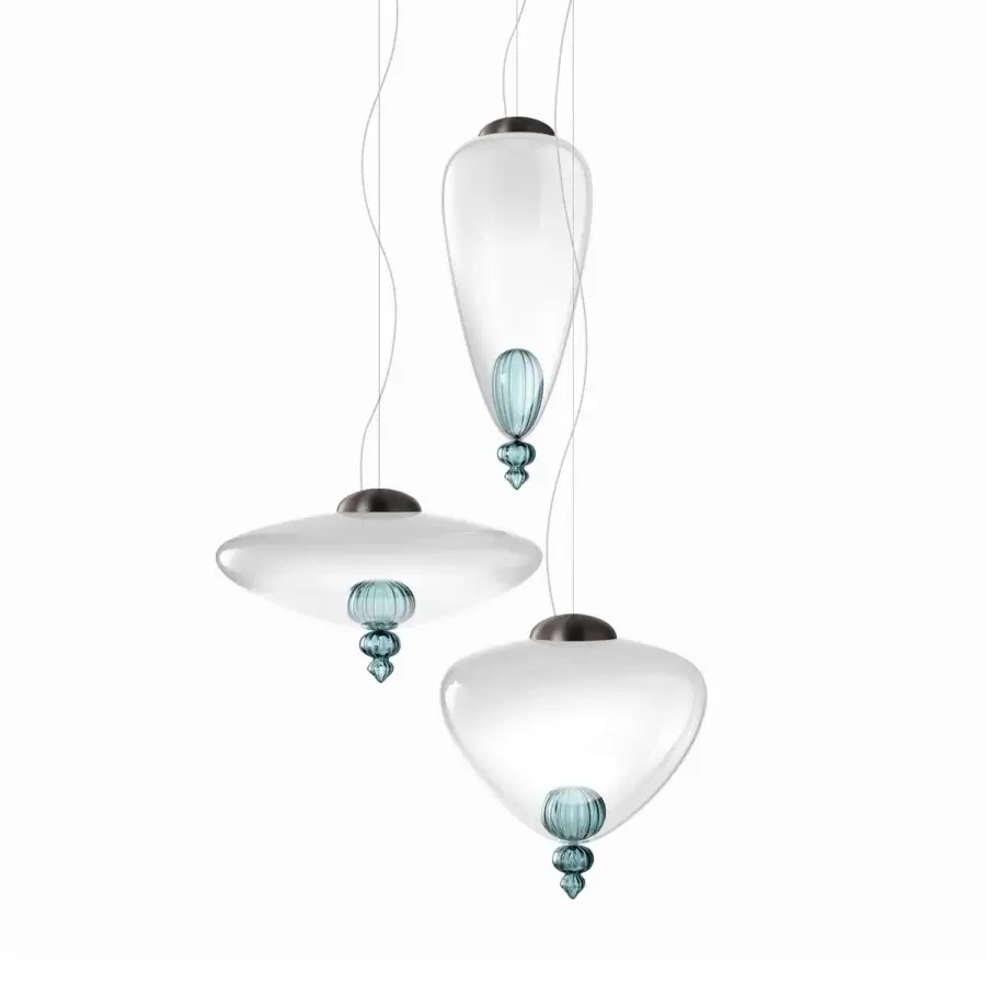 Distinguished Barovier&Toso Padma suspension lamp crafted in clear Murano glass with a dark metallic finish and stacked light blue ribbed elements
