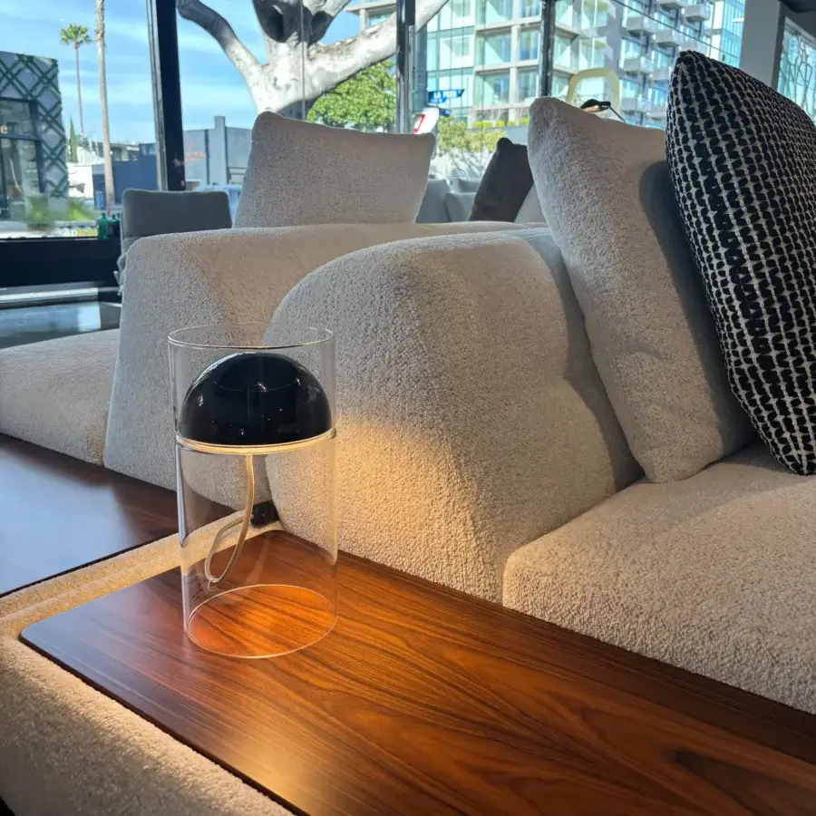 Exceptional Oluce Medusa lamp crafted in clear glass with a suspended black dome and glossy finish