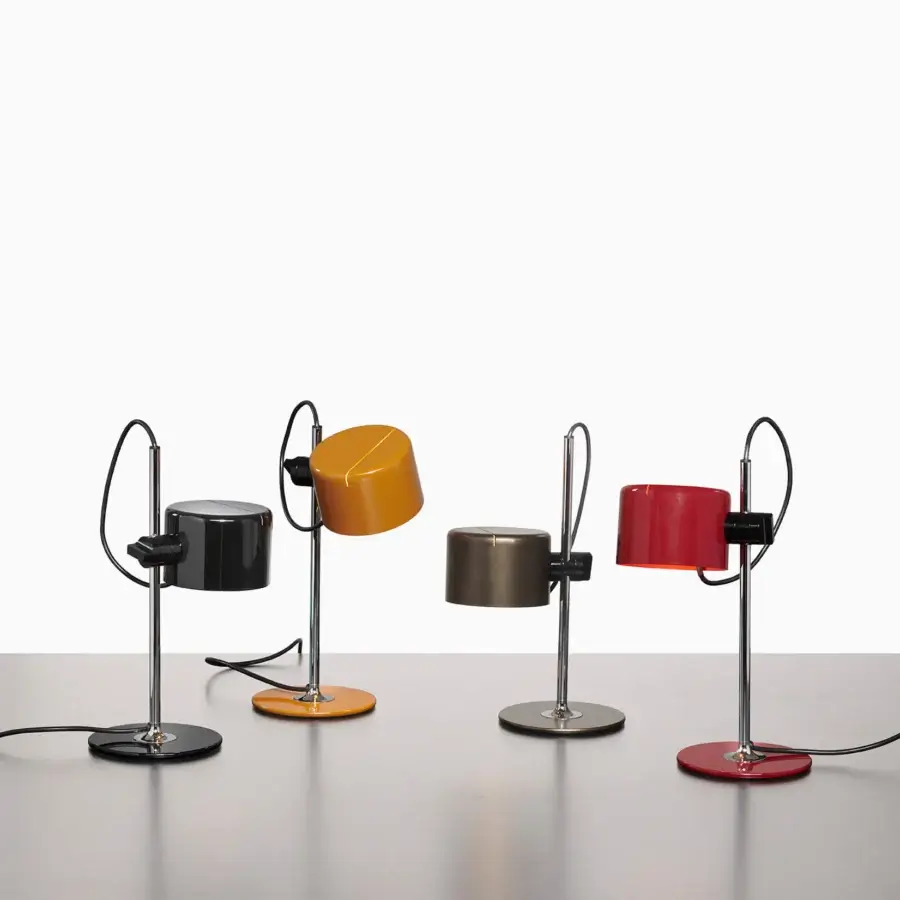 Superior Oluce Coupé & Mini Coupé lamp in vibrant red with sleek metal and glossy finish
