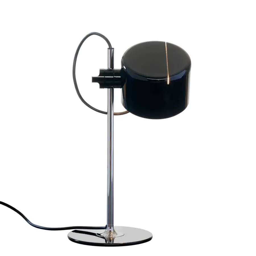 Elegant Oluce Coupé lamp crafted in metal with a glossy black finish and polished chrome-like stem offering adjustable lighting
