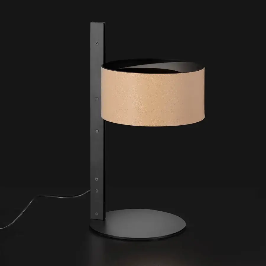 Elegant Oluce Parallel table lamp in dark gray matte metal with a light beige hammered leather cylindrical shade
