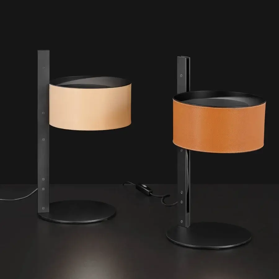 Superior Oluce Parallel table lamp with cylindrical hammered leather lampshade and laterally positioned premium metal stem