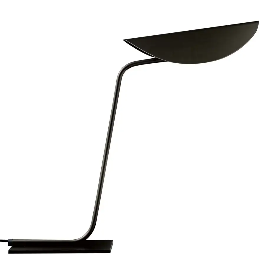 Elegant Oluce Plume lamp crafted in Italy with a curved form and matte muted gray metal finish