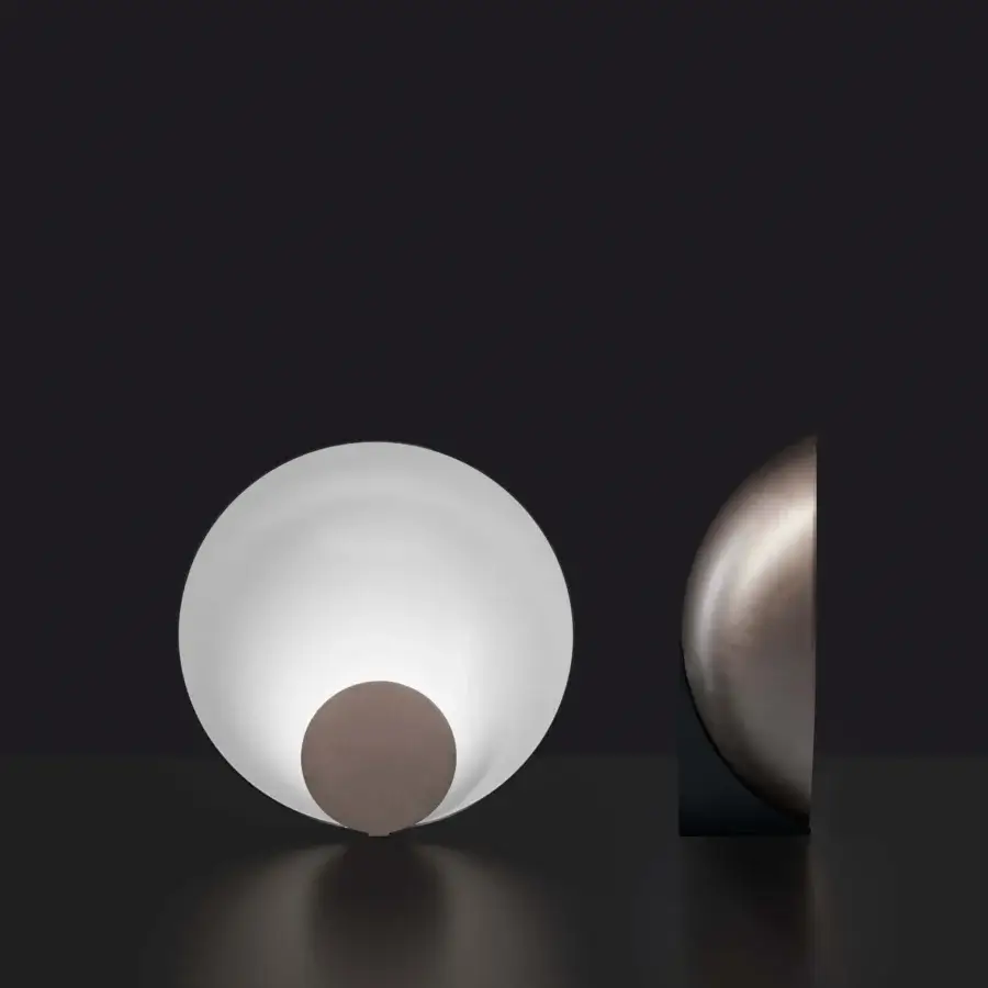 Distinguished Oluce Siro lamp with a translucent white sphere intersected by a brownish-grey metallic semi-circle crafted in Italy