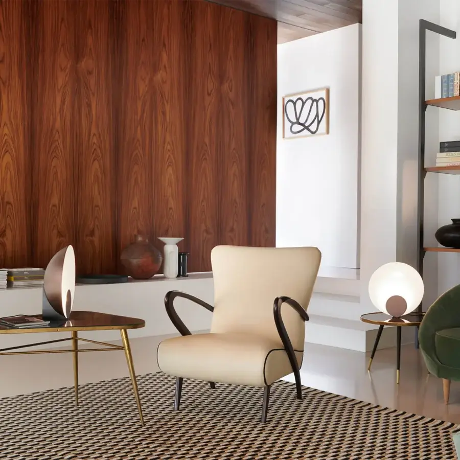 Distinguished Oluce Siro lamp with a semi-spherical satin translucent shade and glossy gold-tone metal base