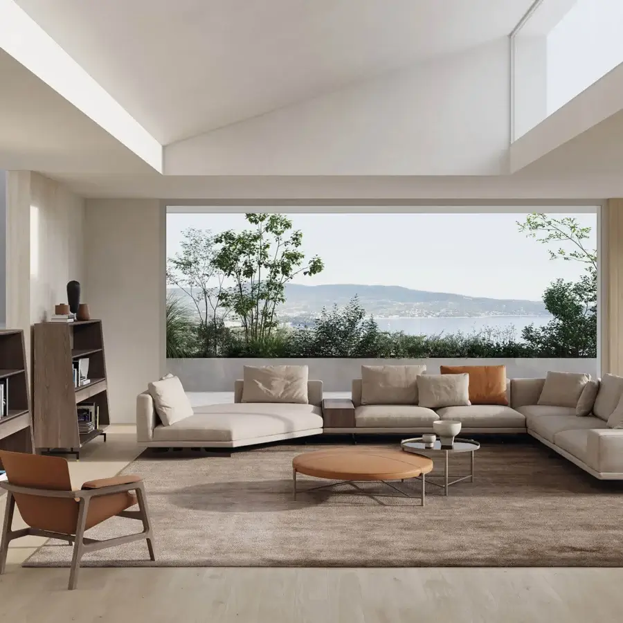 Refined Oluce Siro lamp with a semi-spherical warm brown base and neutral beige lampshade in matte finish