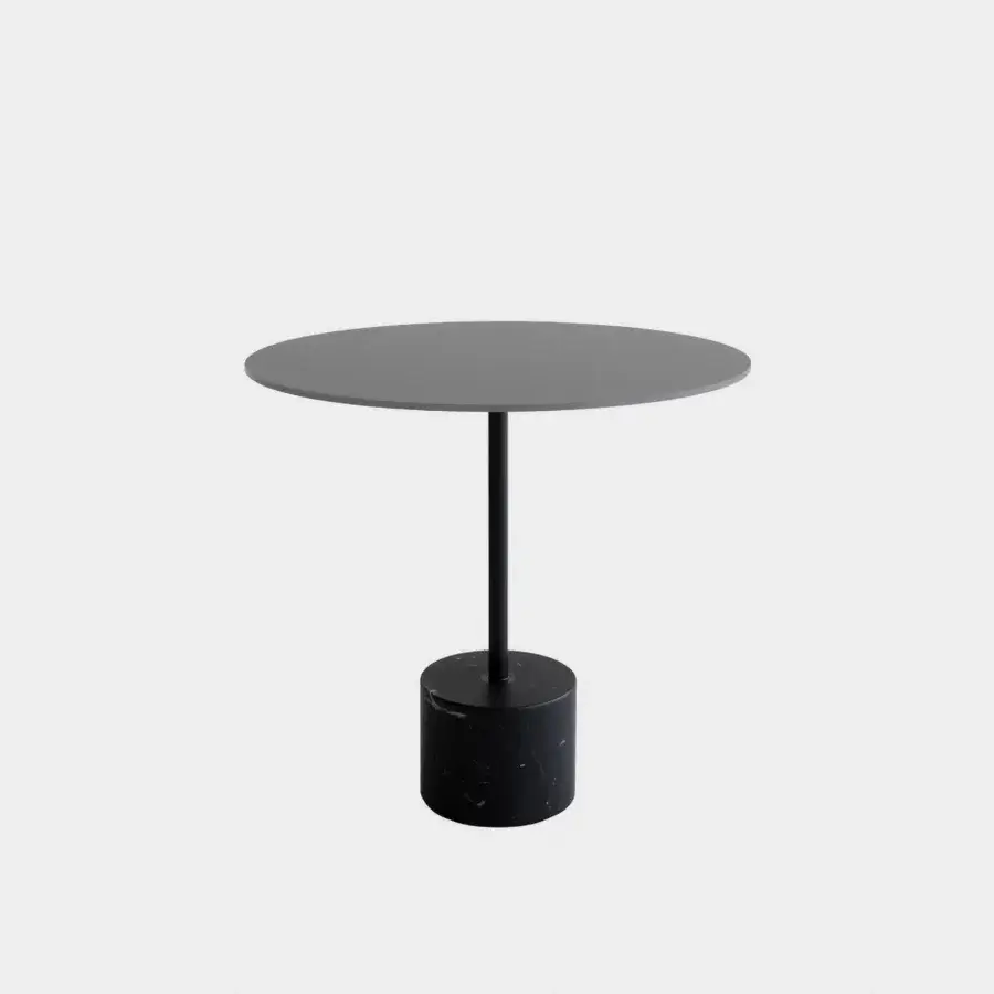 Refined Lapalma Jey table with matte black tabletop and darker textured cylindrical base crafted in Italy