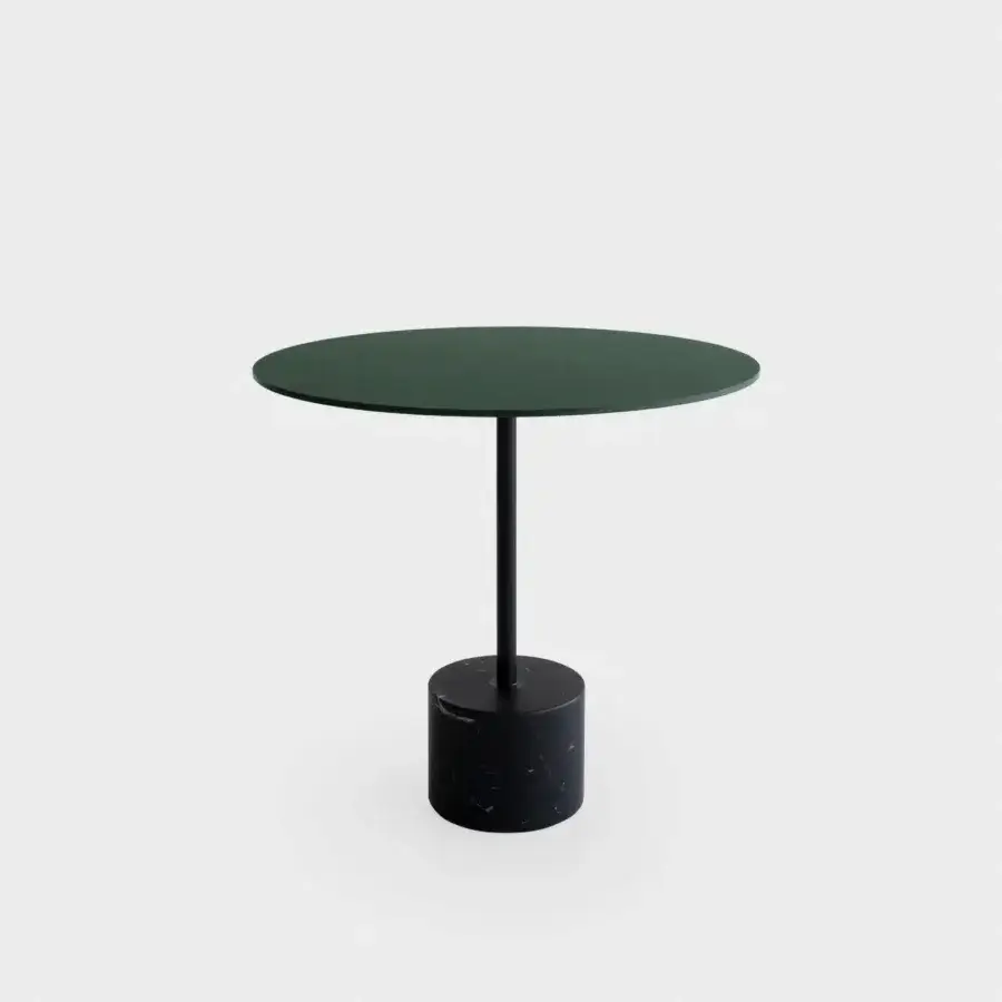 Elegant Lapalma Jey table with matte dark green composite tabletop and textured stone base crafted with a slender metal rod