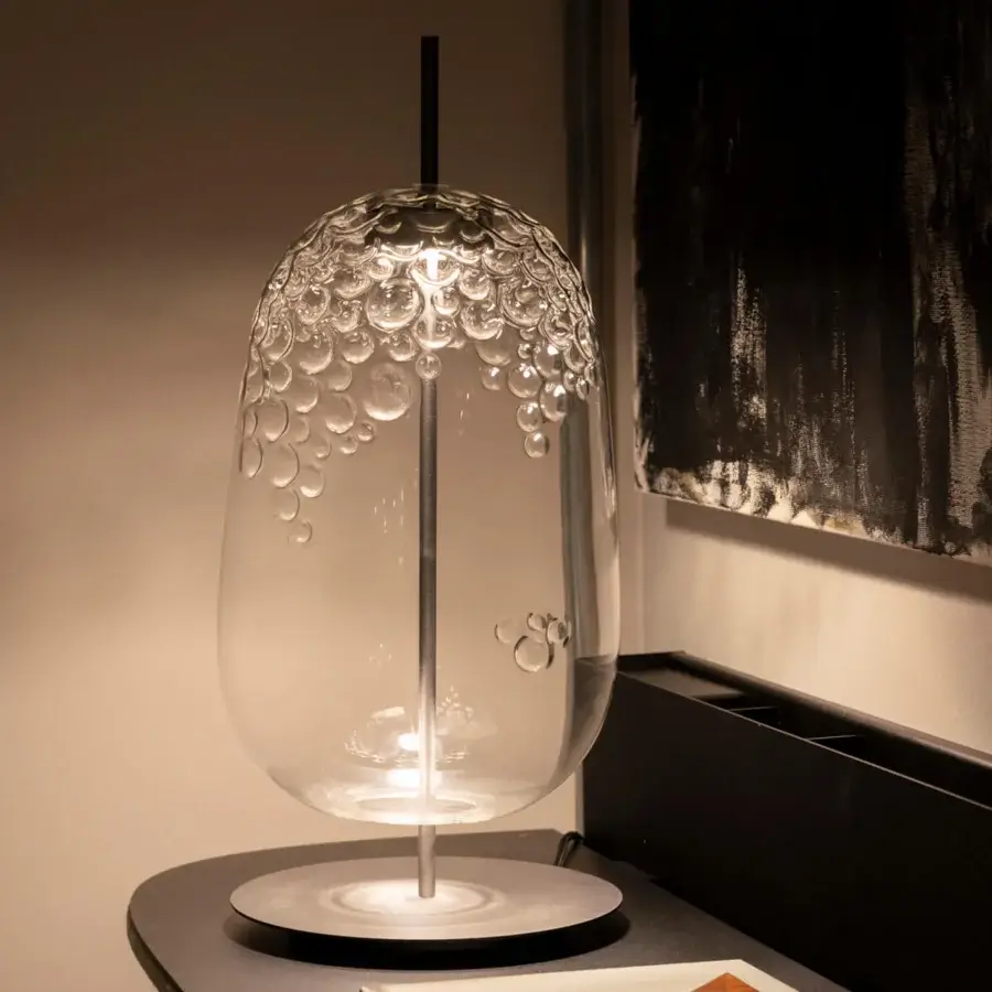 Elegant melogranoblu Galuchat lamp with hand-blown transparent glass, dark grey varnished metal, and glossy finish