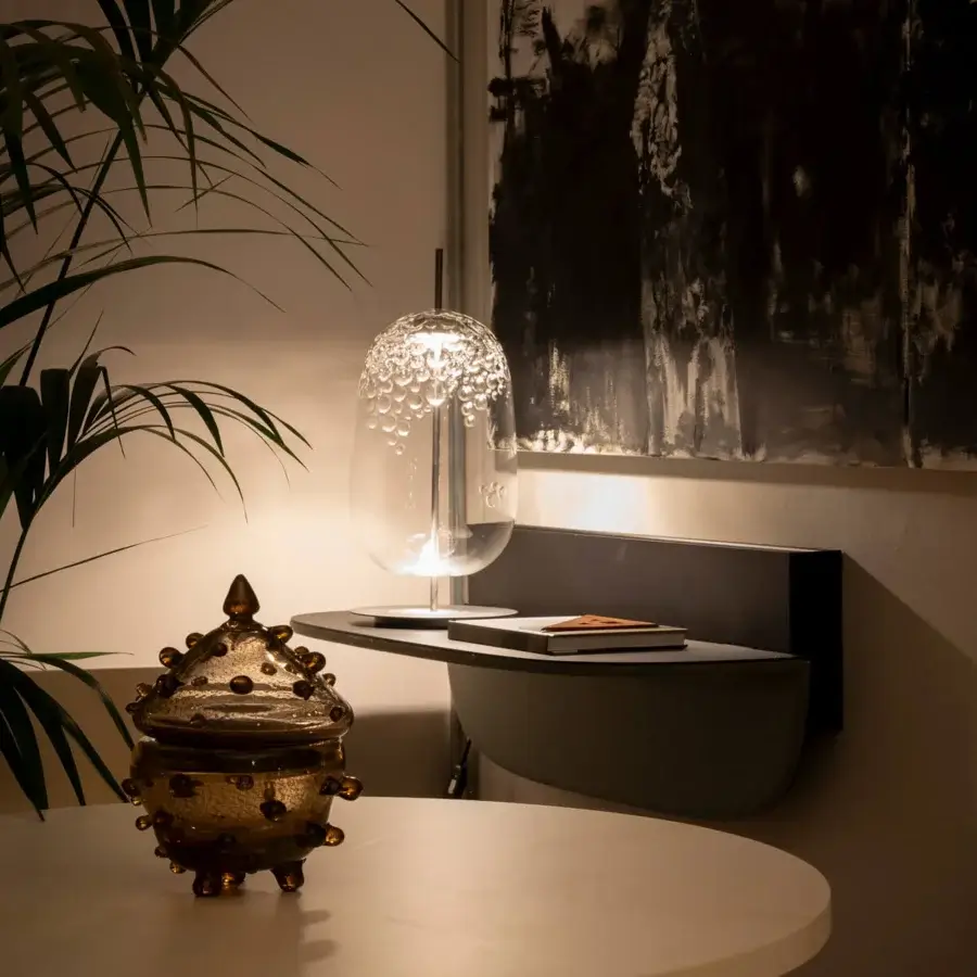Distinguished melogranoblu Galuchat lamp with hand-blown transparent glass shade and dark grey varnished metal structure