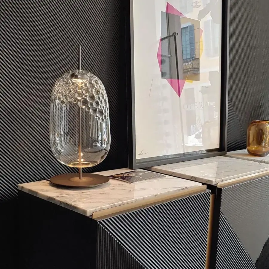 Exceptional melogranoblu Galuchat lamp with hand-blown transparent glass shade and dark grey varnished metal structure