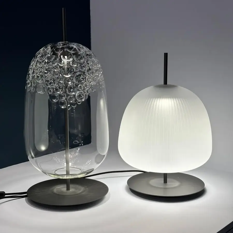 Superior melogranoblu Galuchat table lamp with transparent hand-blown glass and dark grey varnished metal structure