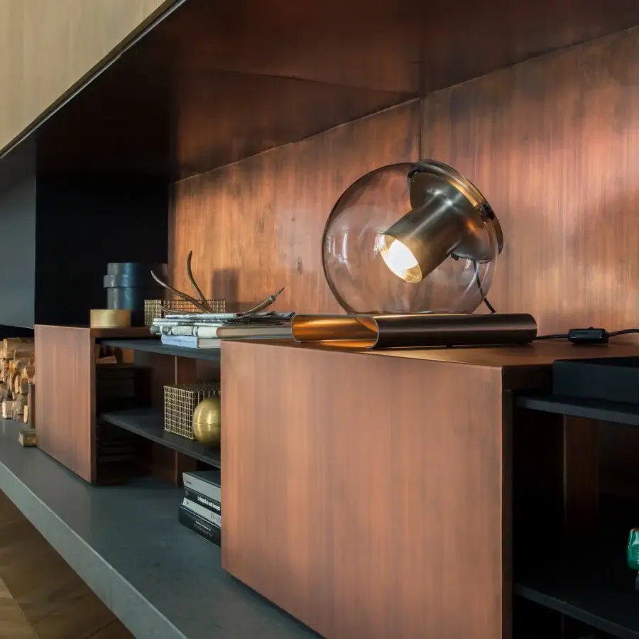 Distinguished Oluce Globe Table Lamp with clear blown-glass, brushed copper-toned metal reflector and dark brown wooden base