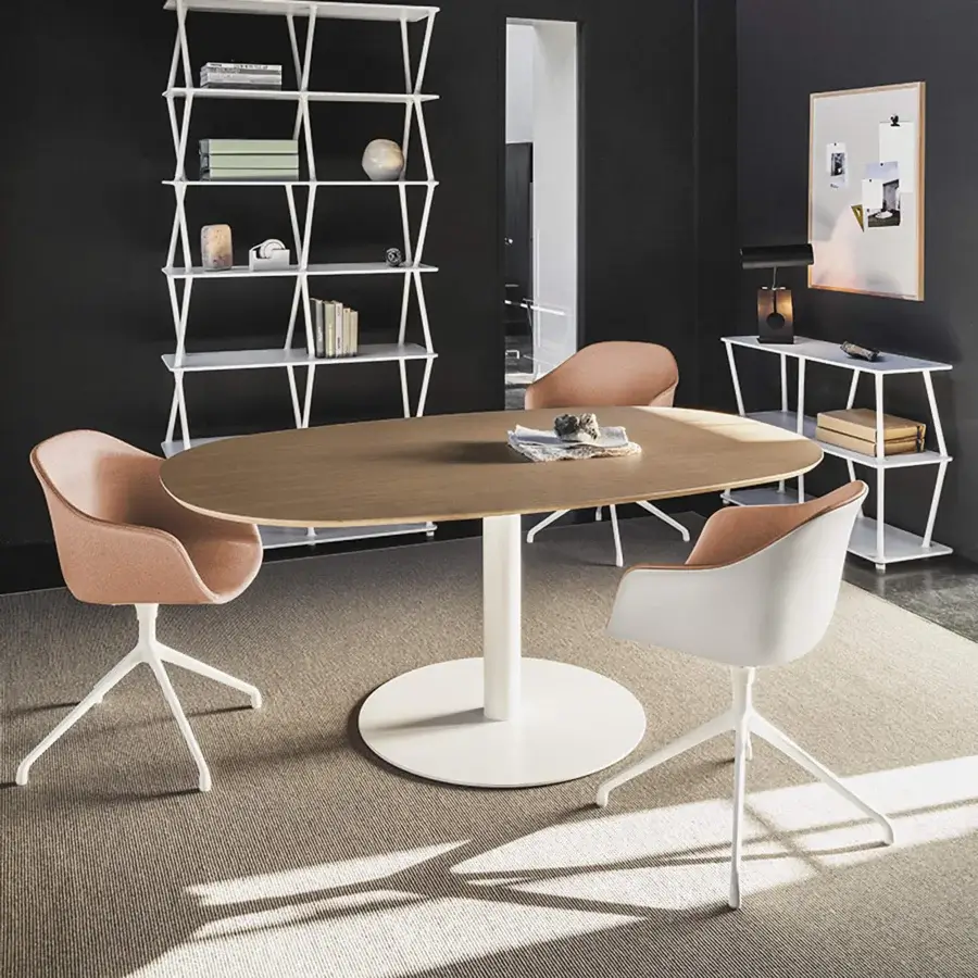 Distinguished Lapalma Rondò table with oak veneer tabletop and zinc-plated stainless steel base in a linen fabric pattern, showcasing a satin finish