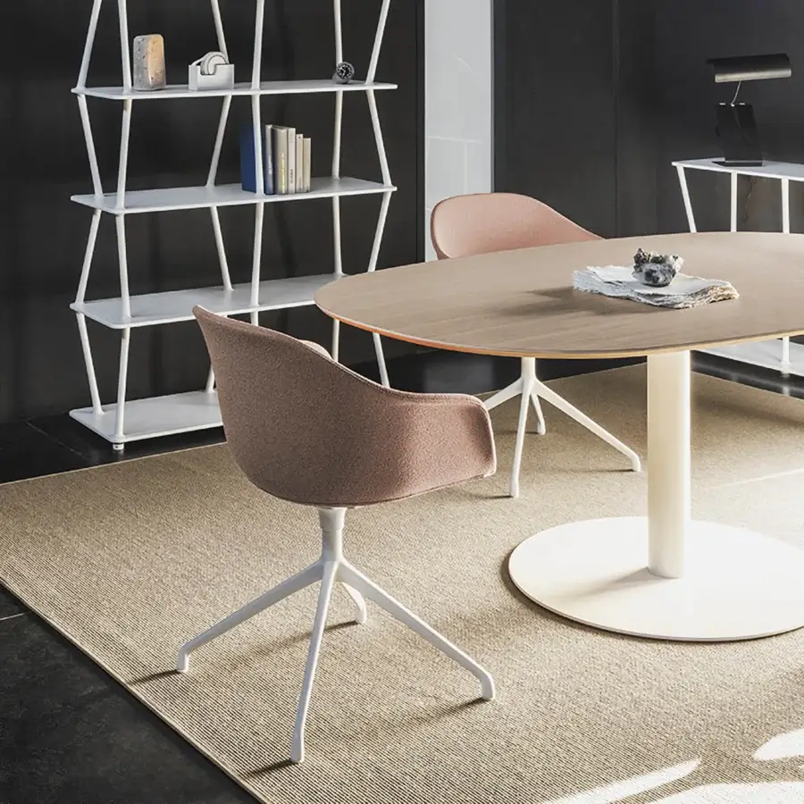 Elegant Lapalma Rondò table with oak veneered birch plywood top and zinc-plated stainless steel base in a linen fabric pattern with satin finish