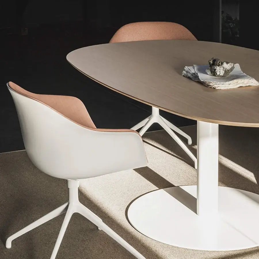 Captivating Lapalma Rondò table with oak veneered birch plywood top and zinc-plated base in a linen fabric pattern with matt chrome finish