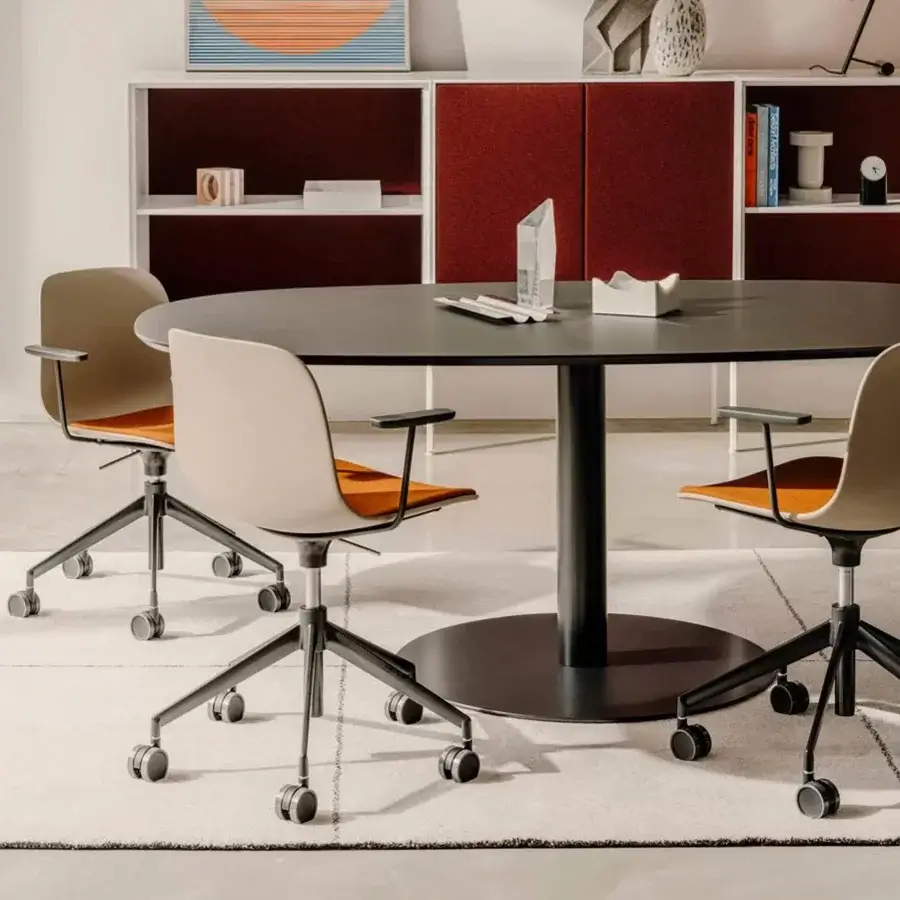 Superior Lapalma Rondò table with softly squared dark gray HPL tabletop and zinc-plated stainless steel base in a linen fabric pattern