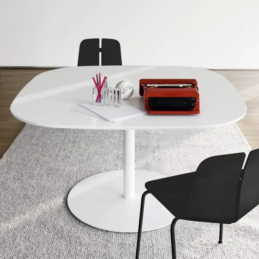 Elegant Lapalma Rondò table with softly squared white HPL tabletop and linen fabric patterned stainless steel base