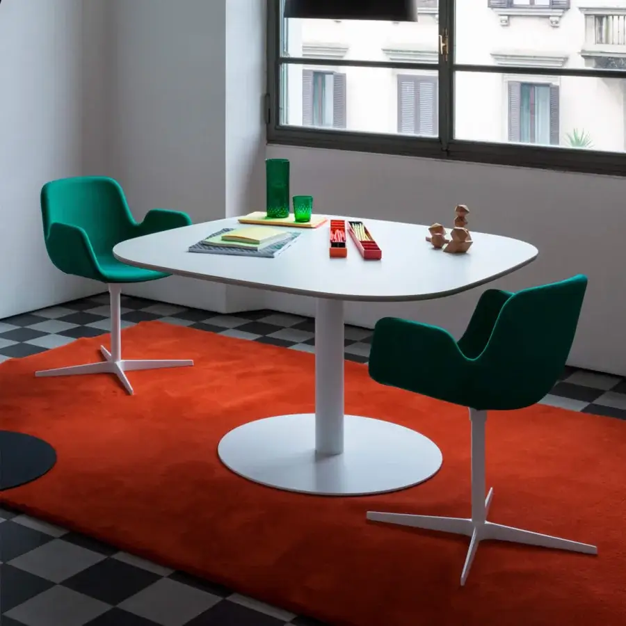 Exceptional Lapalma Rondò table with softly squared white HPL tabletop and zinc-plated stainless steel base crafted in a linen fabric pattern