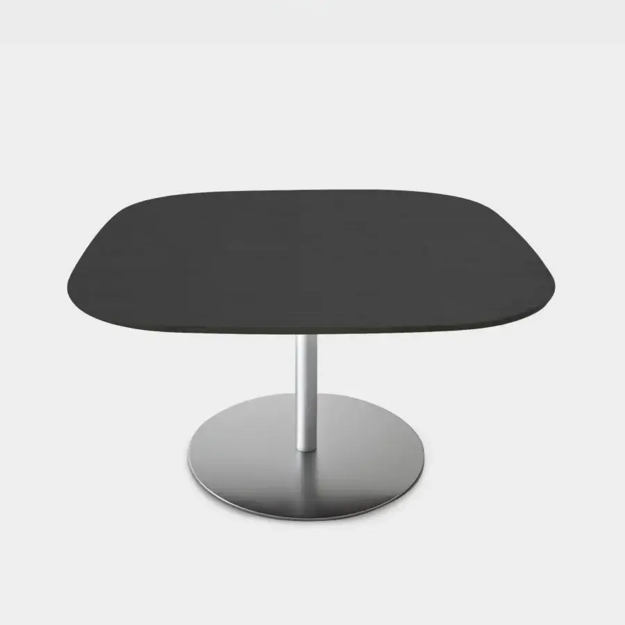 Elegant Lapalma Rondò table with softly squared tabletop in dark lacquered MDF and stainless steel base with linen fabric pattern