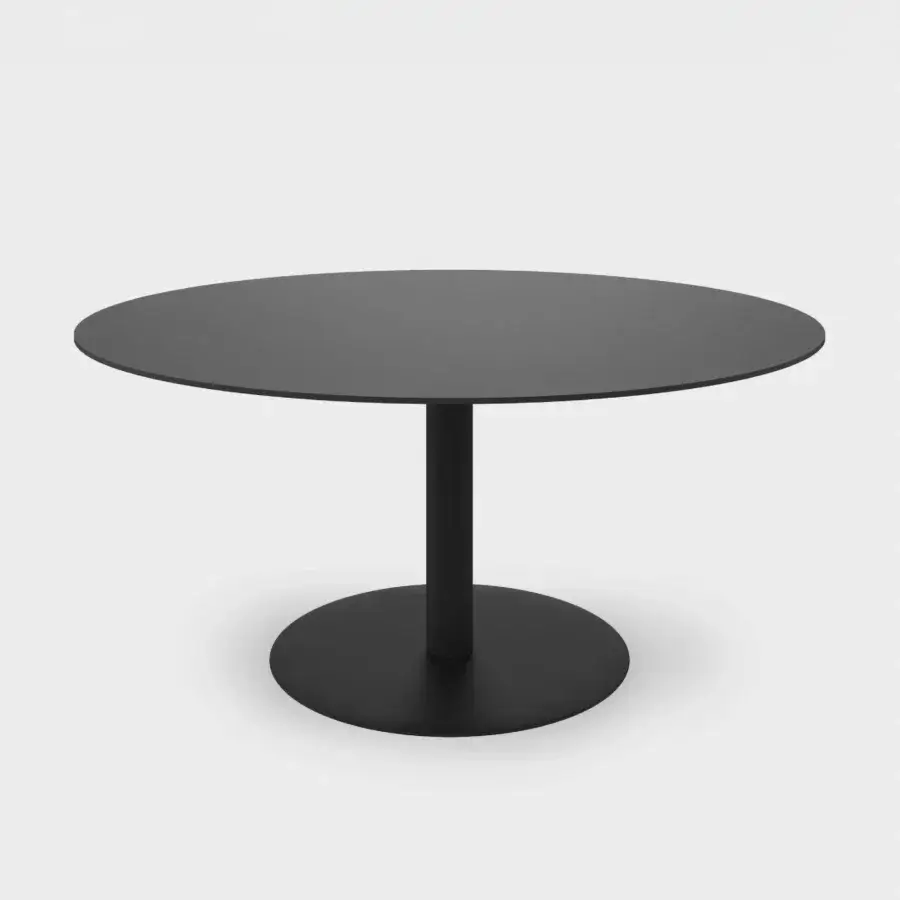 Distinctive Lapalma Rondò table with softly rounded tabletop and zinc-plated stainless steel base in a linen fabric pattern with dark gray finish