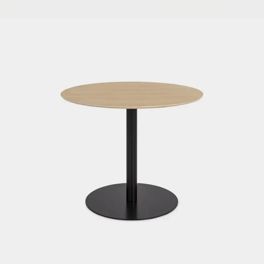 Superior Lapalma Rondò table crafted with oak veneered birch plywood and a matte black zinc-plated base in a linen fabric pattern