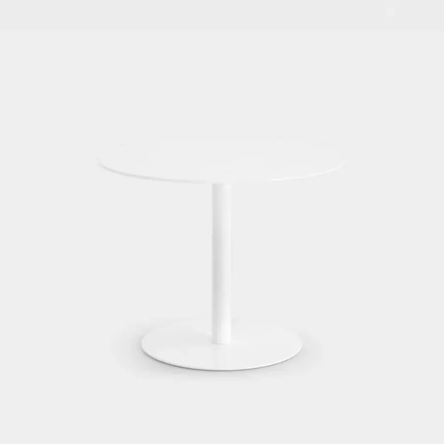 Distinguished Lapalma Rondò table with matte white laminate top and stainless steel base in a linen fabric pattern finish