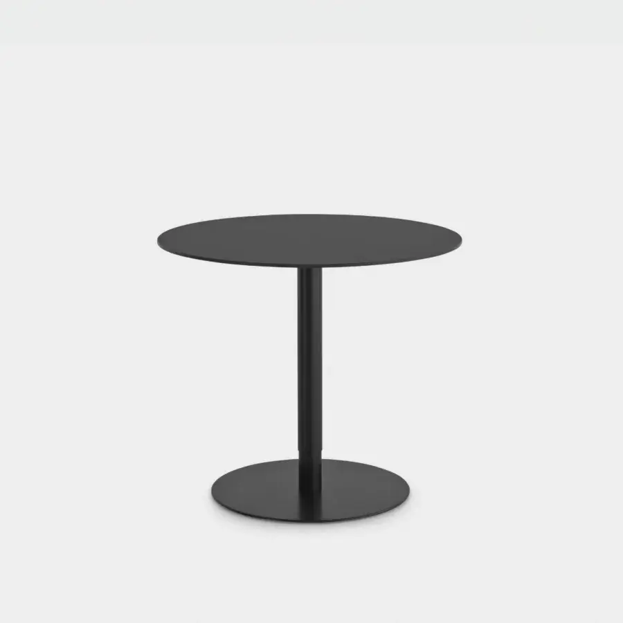 Superior Lapalma Rondò table with circular black tabletop and zinc-plated base clad in stainless steel with a linen fabric pattern