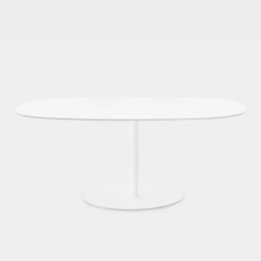 Elegant Lapalma Rondò table with matte white lacquered tabletop and zinc-plated base in a linen fabric finish