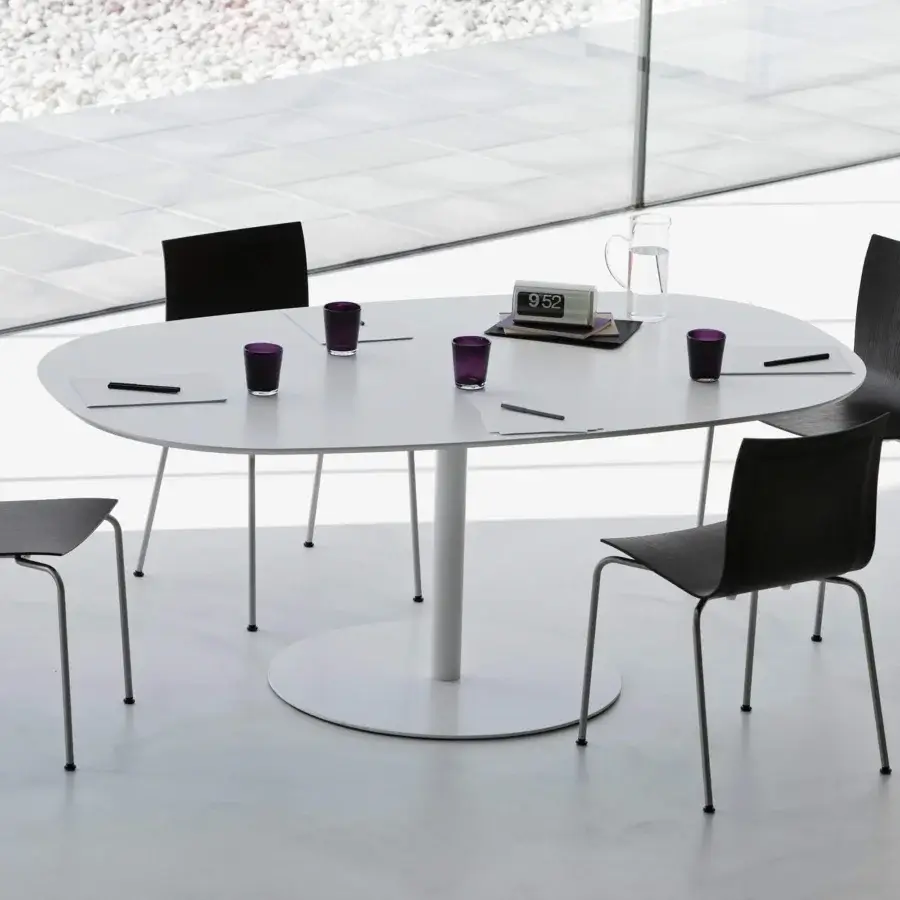 Distinguished Lapalma Rondò table with softly squared light gray HPL tabletop and satin-finished zinc-plated base crafted in a linen fabric pattern