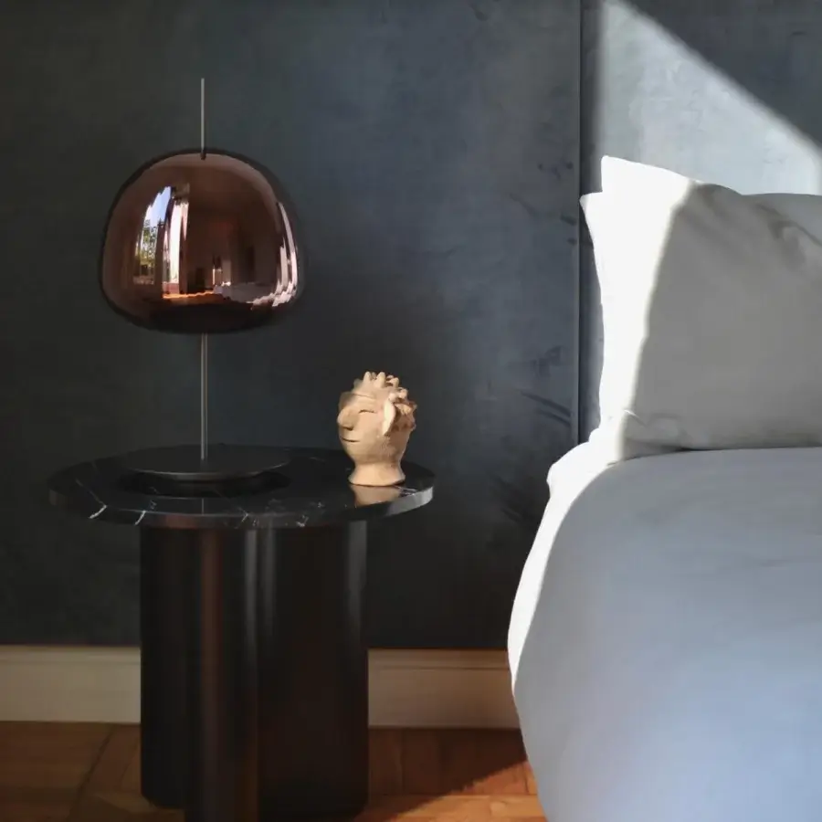 Superior melogranoblu Bes table lamp crafted with brownish-purple pleated hand-blown glass and a matte metal structure