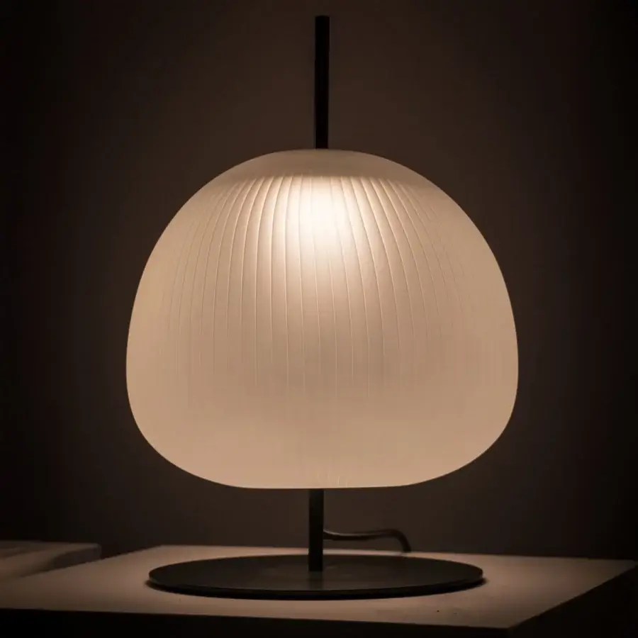 Exceptional melogranoblu Bes table lamp crafted in frosted white hand-blown glass with a delicate pleated effect