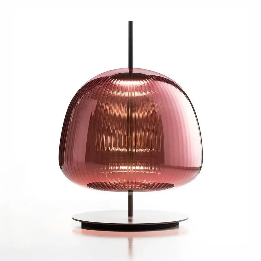 Distinguished melogranoblu Bes table lamp crafted in hand-blown glass with a delicate pleated effect and dusky rose shade