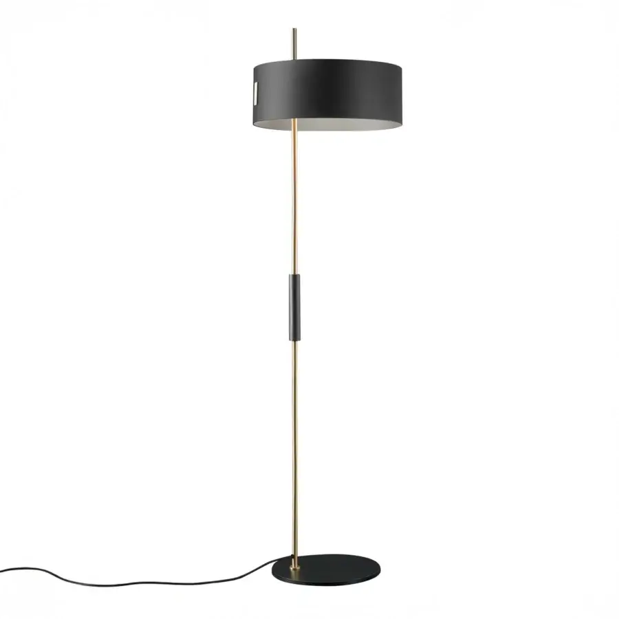 Exclusive Oluce 1953 floor lamp with a slender silhouette and clean geometric lines in satin gold metal with a black base and shade
