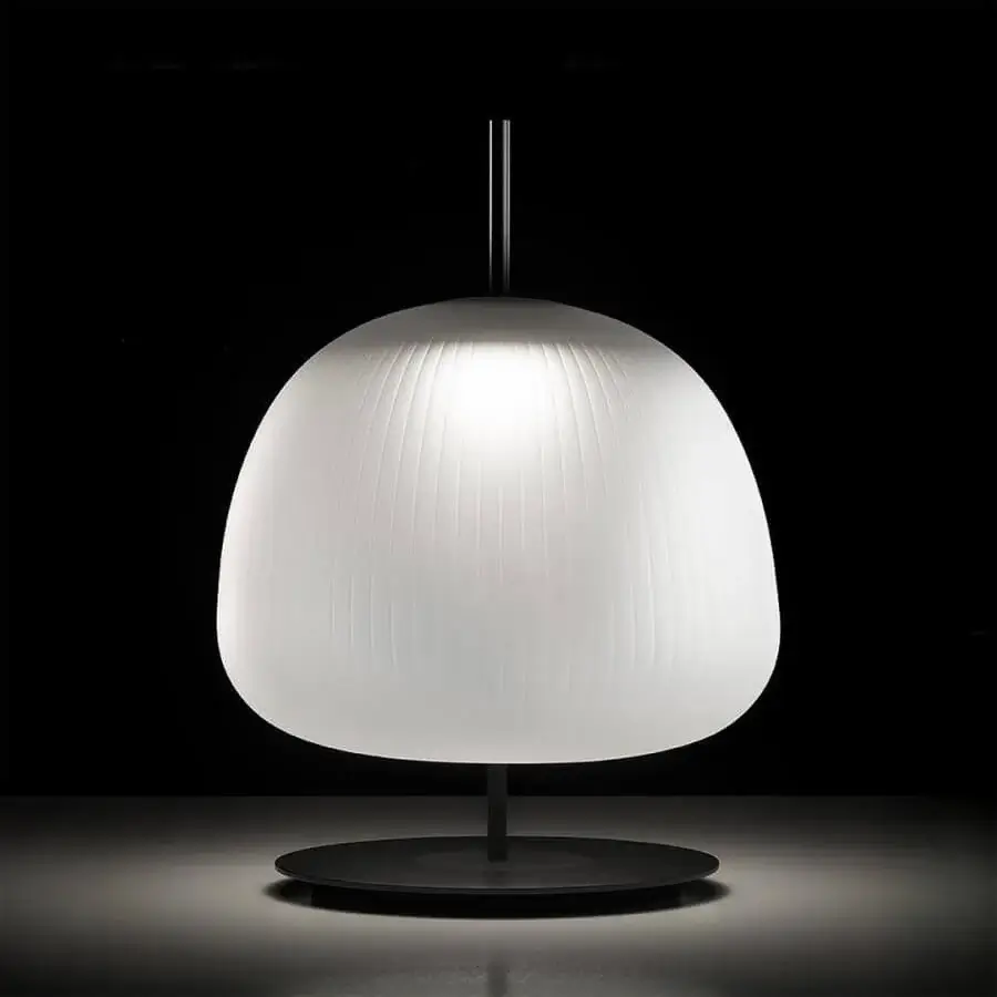 Remarkable melogranoblu Bes table lamp crafted in hand-blown glass with a frosted lampshade and matte dark metal base