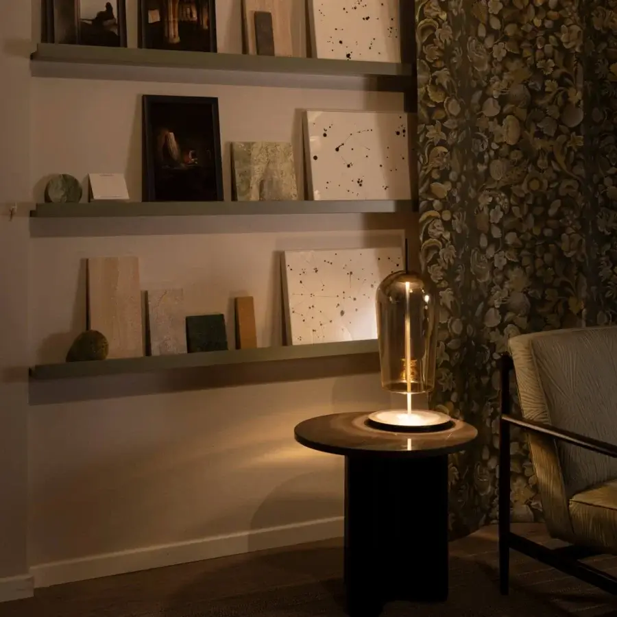 Distinguished melogranoblu Au Table Lamp with sculpted gold metallic glass and dark grey varnished metal structure