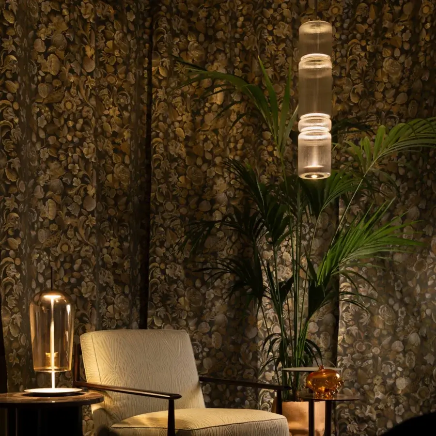 Distinguished melogranoblu Au Table Lamp with hand-blown gold metallic glass and dark grey varnished metal structure