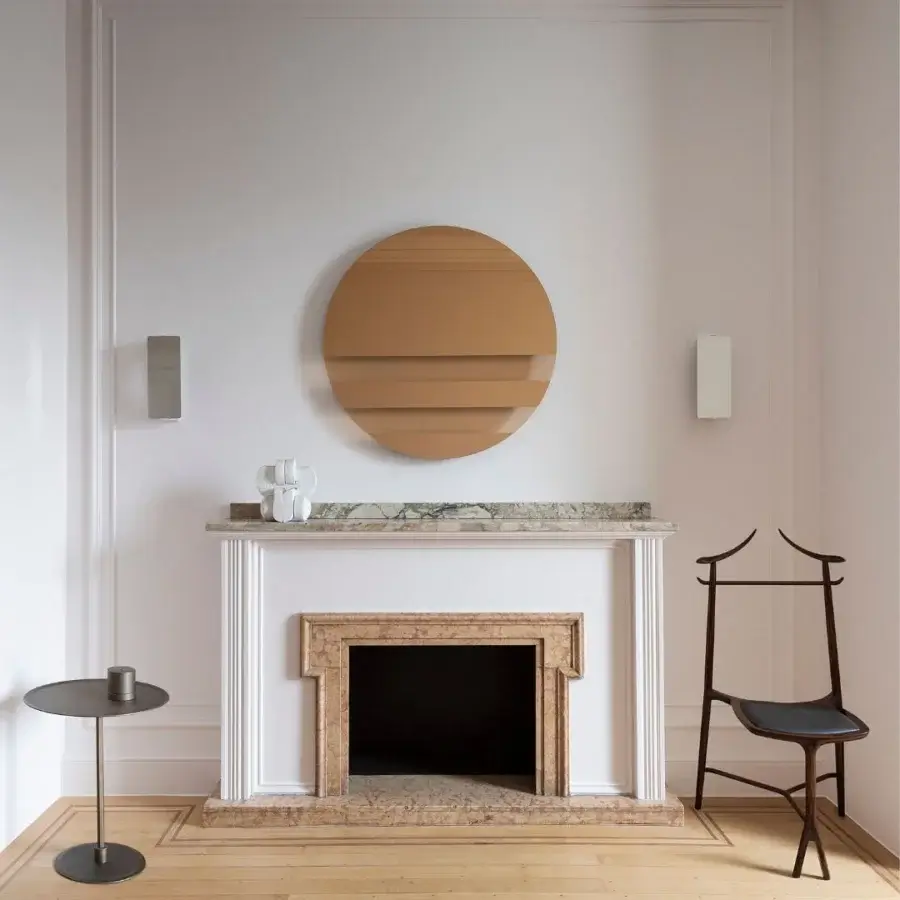 Distinguished Glas Italia Andromeda mirror crafted from glass with light brown wooden slats and a satin finish