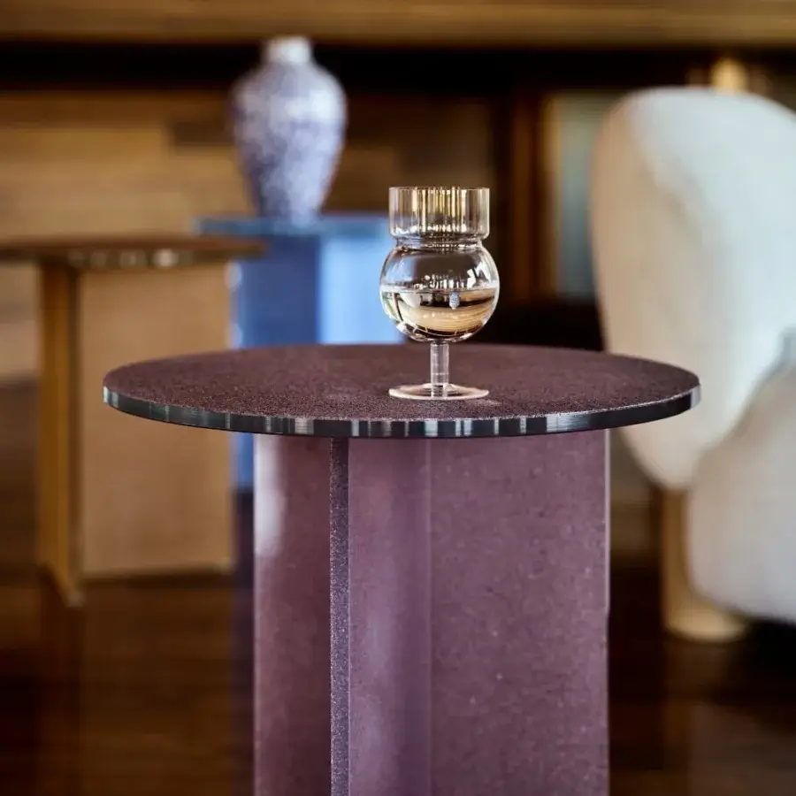 Exceptional Glas Italia Simoon table crafted with muted plum extralight glass and ground Murano coating offering a matte finish