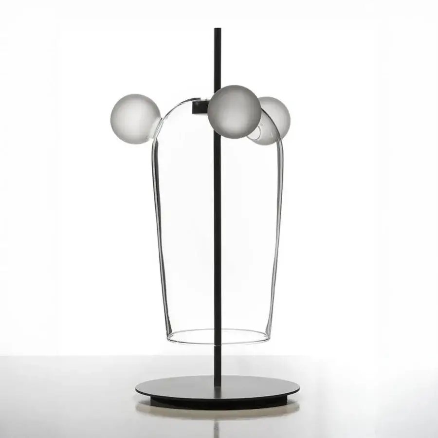 Superior melogranoblu Bartolomeo table lamp with dark grey varnished metal and looping hand-blown glass adorned with frosted spheres