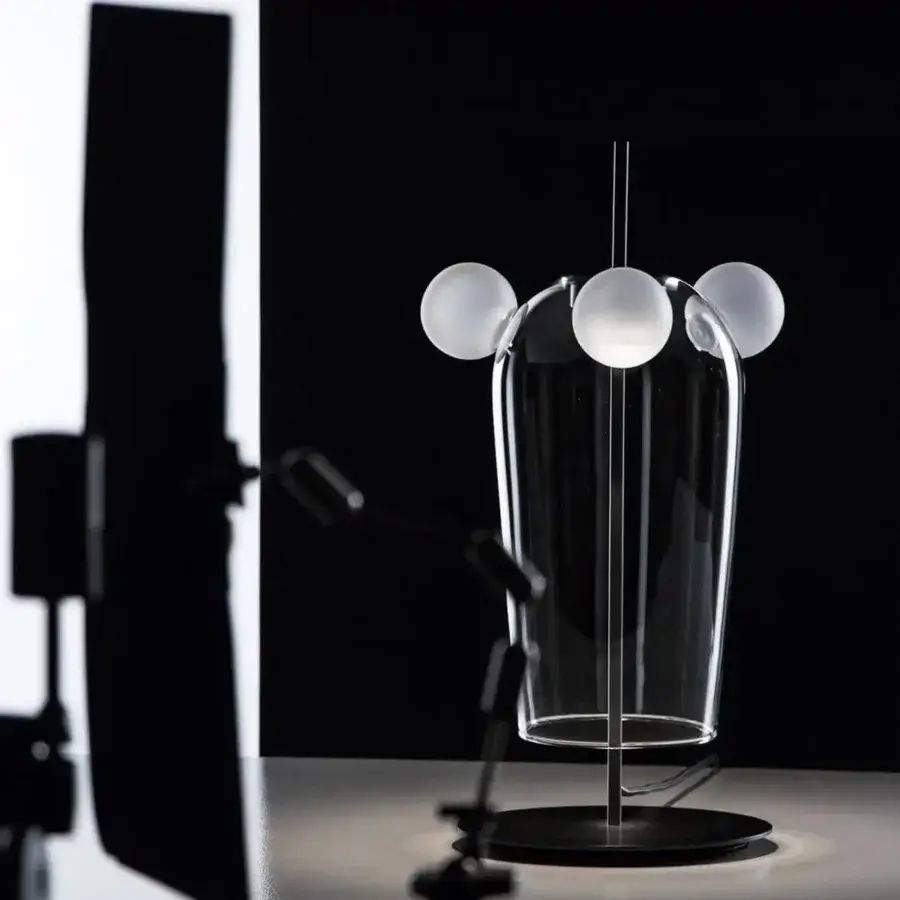 Exceptional melogranoblu Bartolomeo table lamp in dark grey varnished metal with hand-blown transparent glass and frosted spheres
