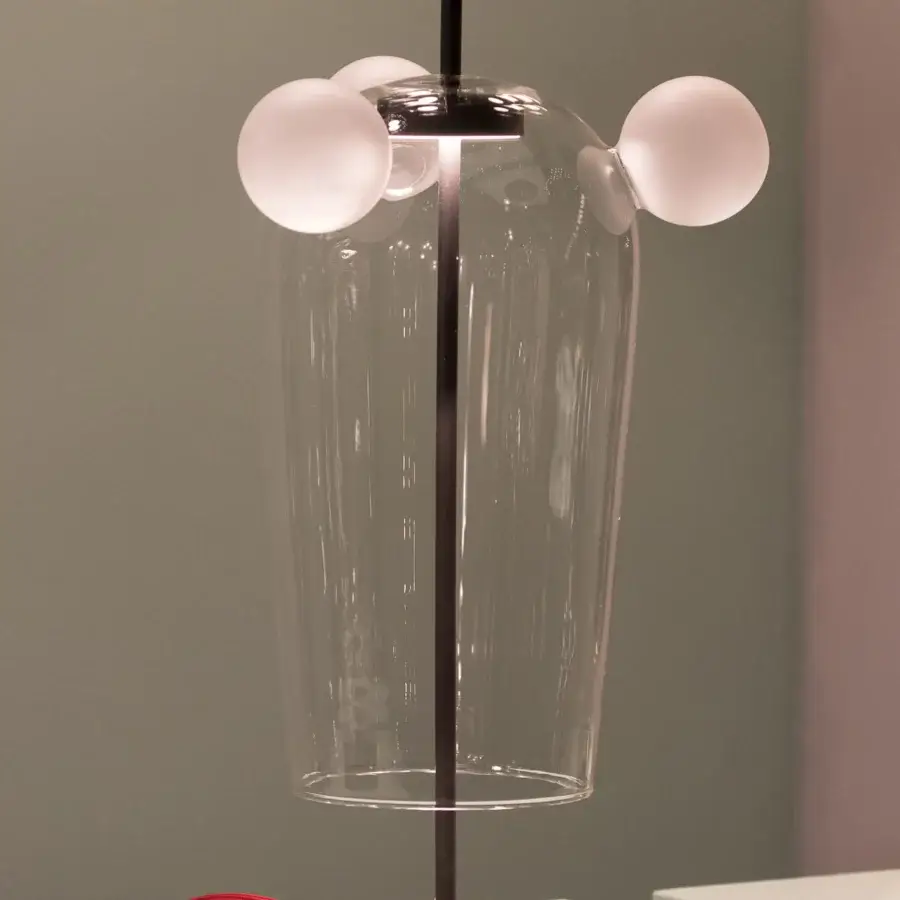 Elegant melogranoblu Bartolomeo table lamp with hand-blown transparent glass and dark grey varnished metal structure