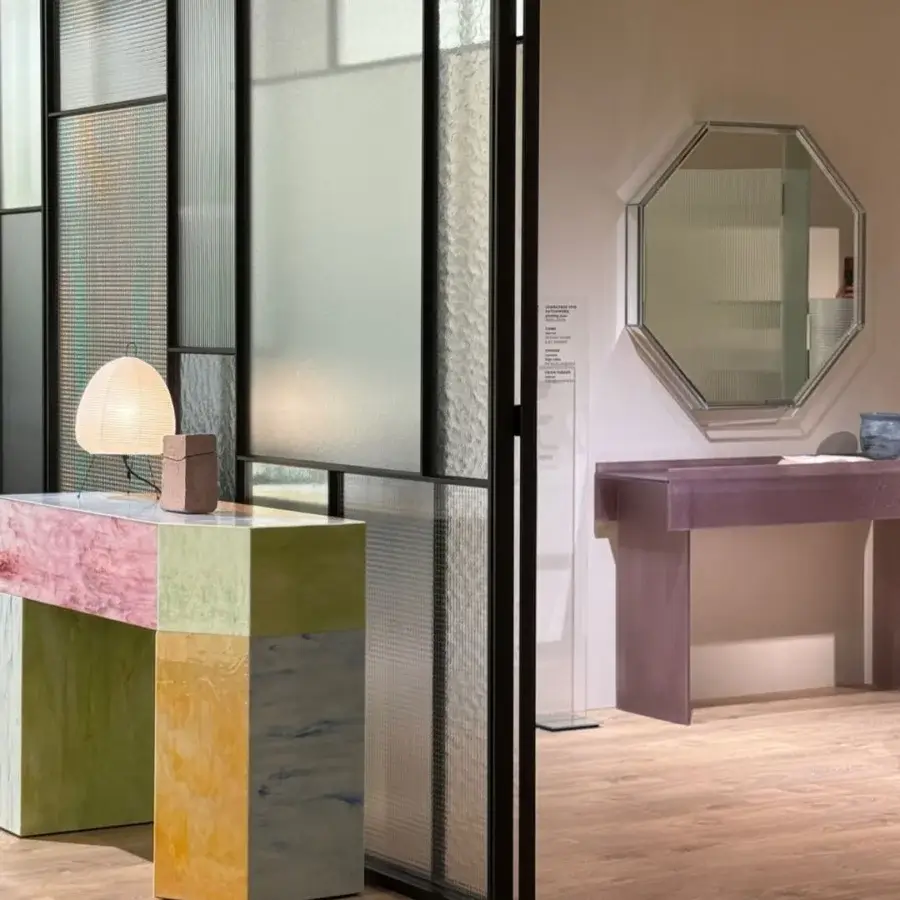 Captivating Glas Italia Simoon console crafted with marbled pink, yellow, green, and blue extralight glass and shimmering ground Murano finish