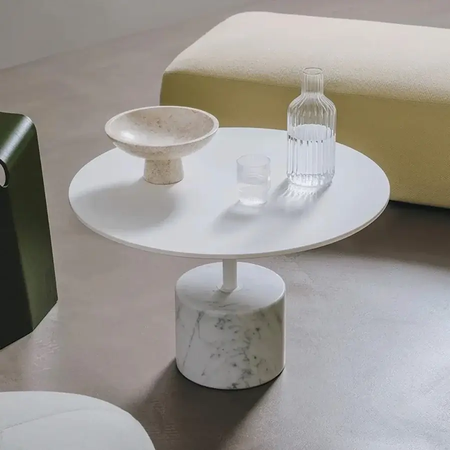 Superior Lapalma Jey coffee table with a sleek circular matte white tabletop and polished white marble cylindrical base