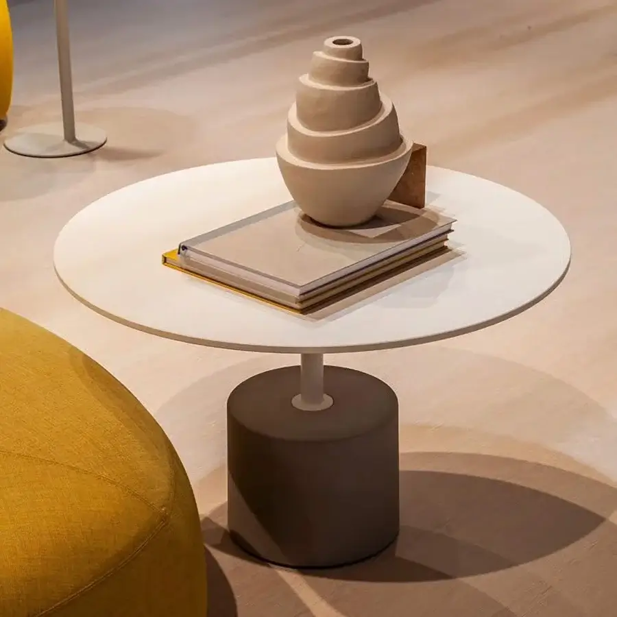 Exceptional Lapalma Jey coffee table with a sleek circular white tabletop and dark brown cylindrical base crafted in Italy with a matte finish