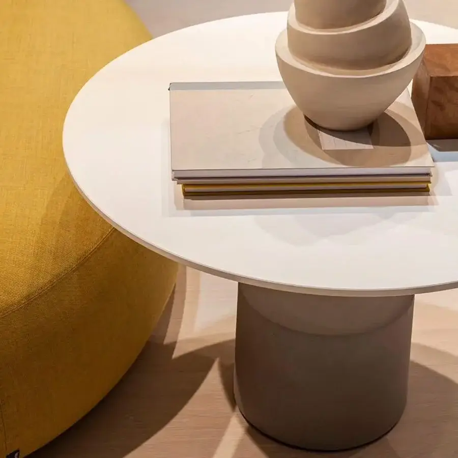 Distinguished Lapalma Jey coffee table with a sleek circular white tabletop and greige cylindrical base crafted in smooth matte synthetic material