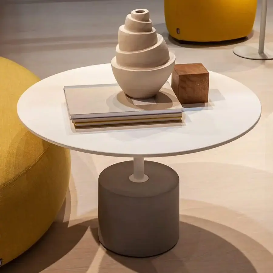 Superior Lapalma Jey coffee table with a refined white circular tabletop and neutral gray cylindrical base in matte finish