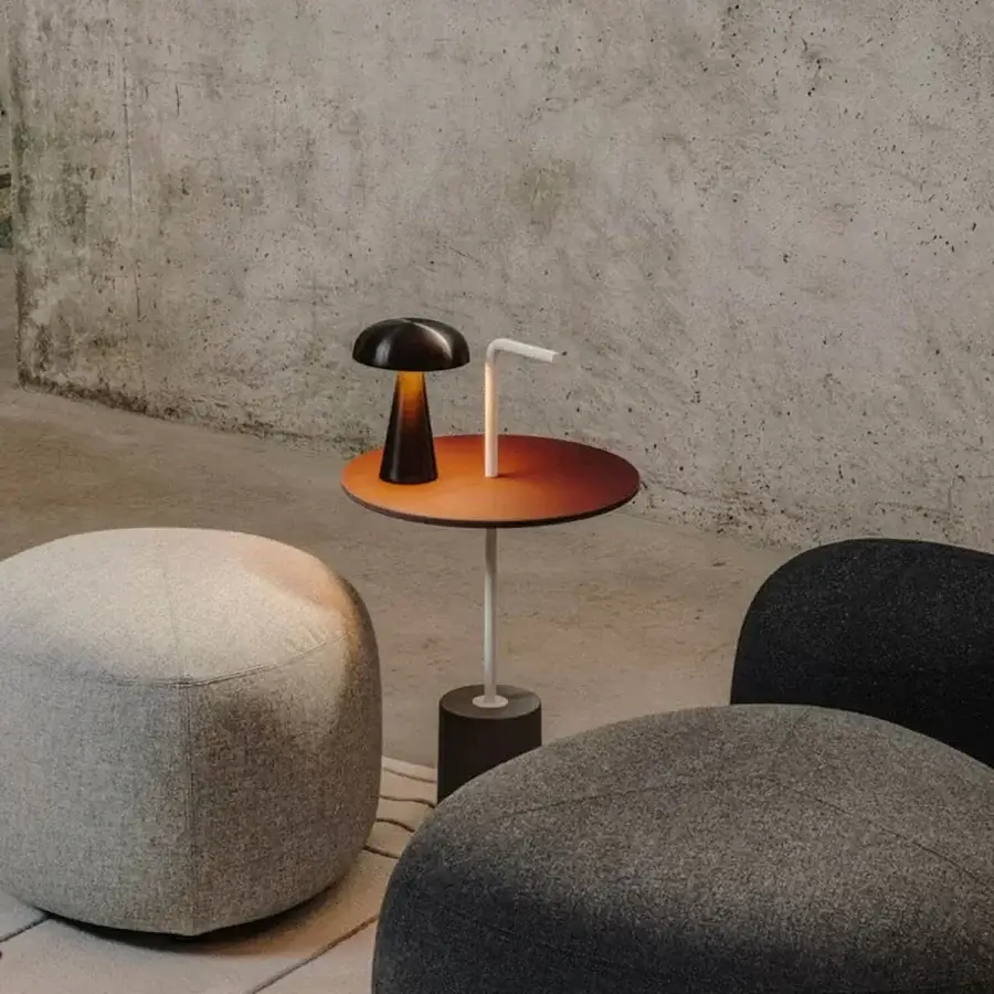 Distinguished Lapalma Jey side table with reddish-orange glossy synthetic tabletop and slender white metal stem and base
