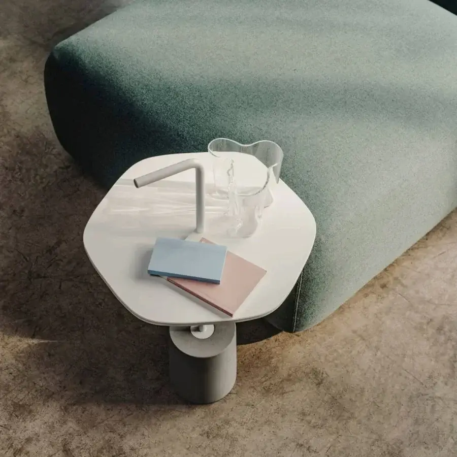 Superior Lapalma Jey side table with original asymmetrical form and matte white synthetic tabletop and base